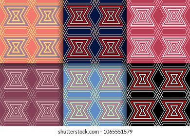 Geometric seamless patterns. Collection of colored backgrounds for textile, fabrics or wallpapers