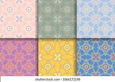 Geometric seamless patterns. Collection of colored backgrounds for textile, fabrics or wallpapers