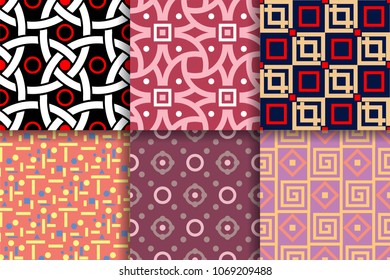 Geometric seamless patterns. Collection of colored backgrounds for textile, fabrics or wallpapers