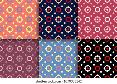 Geometric seamless patterns. Collection of colored backgrounds for textile, fabrics or wallpapers