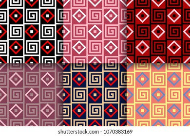 Geometric seamless patterns. Collection of colored backgrounds for textile, fabrics or wallpapers