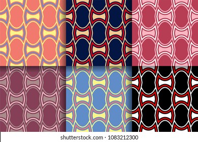 Geometric seamless patterns. Collection of colored backgrounds for textile, fabrics or wallpapers