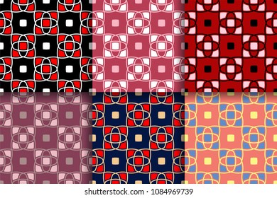 Geometric seamless patterns. Collection of colored backgrounds for textile, fabrics or wallpapers