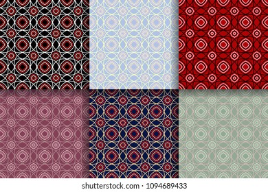 Geometric seamless patterns. Collection of colored backgrounds for textile, fabrics or wallpapers