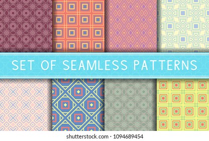 Geometric seamless patterns. Collection of colored backgrounds for textile, fabrics or wallpapers