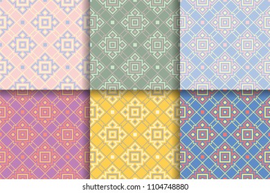 Geometric seamless patterns. Collection of colored backgrounds for textile, fabrics or wallpapers