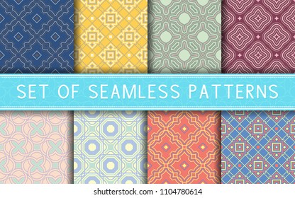 Geometric seamless patterns. Collection of colored backgrounds for textile, fabrics or wallpapers