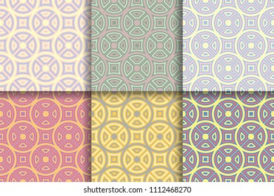 Geometric seamless patterns. Collection of colored backgrounds for textile, fabrics or wallpapers