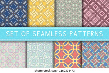 Geometric seamless patterns. Collection of colored backgrounds for textile, fabrics or wallpapers