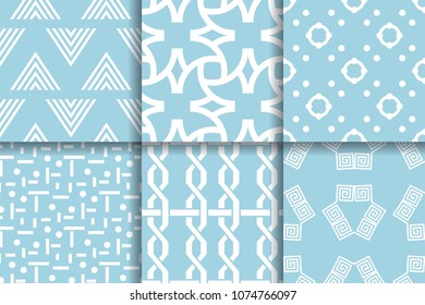 Geometric seamless patterns. Collection of Light blue backgrounds for textile, fabrics or wallpapers