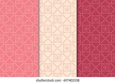 Geometric seamless patterns. Collection of red backgrounds for wallpapers and fabrics. Vector illustration