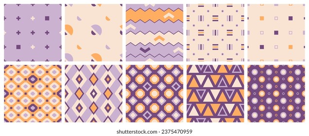 Geometric seamless patterns collection in retro style. Simple shapes and forms in ordered composition. Vector illustration in purple, beige and yellow vintage colors.