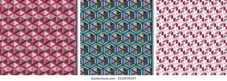 Geometric seamless patterns collection. Set of Red colorful backgrounds
