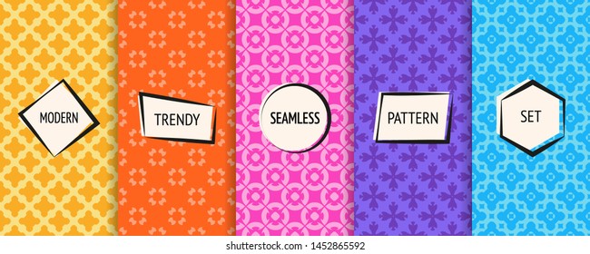 Geometric seamless patterns collection. Vector set of colorful floral background swatches with modern minimal funky labels. Cute abstract textures in bright colors, yellow, orange, pink, purple, blue