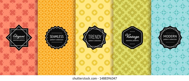 Geometric seamless patterns collection. Vector set of minimal floral background swatches with elegant labels. Abstract minimalist colorful textures with flowers, diamonds. Cute ornamental design