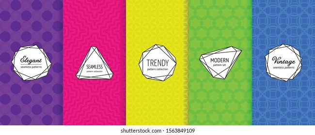 Geometric seamless patterns collection. Vector set of bright colorful background swatches with modern minimal labels. Vibrant neon abstract textures. Trendy design. Purple, pink, yellow, green, blue