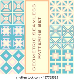 Geometric seamless patterns. Colorful tiling textures set. Vector illustration.