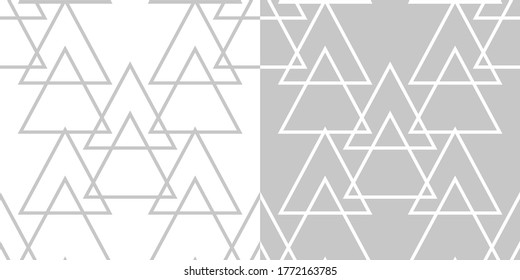 Geometric seamless patterns. Compilation of gray and white triangle designs. Vector illustration