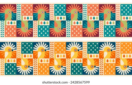 Geometric seamless patterns with parrots, jungle birds. Summer childish borders with exotic tropical birds, cockatoo, leaves and dots. Geometric patterns for brazil carnaval, vector illustration