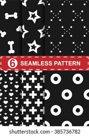 Geometric seamless patterns. Pattern of circles, stars, bones, hearts on a dark background.