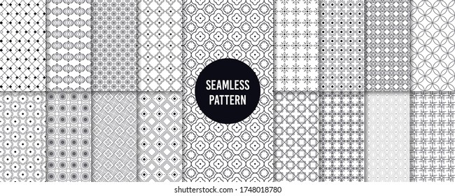 Geometric seamless patterns. Retro 90s graphics pattern texture, abstract funky 80s fabric textures vector illustration set. Background geometric pattern and wrapping monochrome