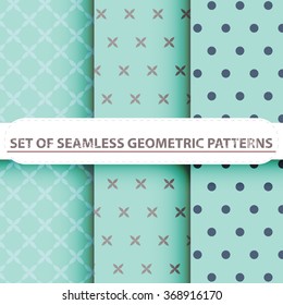 Geometric Seamless Patterns. Retro Mod Backgrounds.Pattern swatches/ Mint background with blue dots