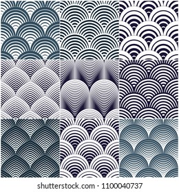 Geometric seamless patterns set, abstract tiling backgrounds collection, vector repeat endless wallpaper illustrations.