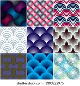 Geometric seamless patterns set, abstract tiling backgrounds collection, colorful vector repeat endless wallpaper illustrations. Overlapping circles
