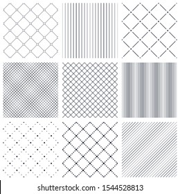 Geometric seamless patterns set, abstract minimalistic and simple lined and dotted backgrounds, wallpapers for web design and print. Black and white swatches.