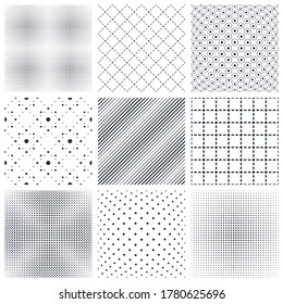 Geometric seamless patterns set, abstract minimalistic and simple lined and dotted backgrounds, wallpapers for web design and print. Black and white swatches.