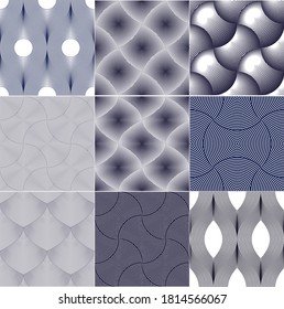Geometric seamless patterns set, abstract tiling backgrounds collection, vector repeat endless wallpaper illustrations. Overlapping circles