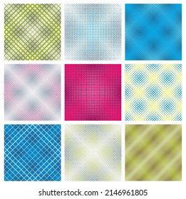 Geometric seamless patterns set, abstract minimalistic and simple lined and dotted backgrounds, wallpapers for web design and print. Colorful swatches.