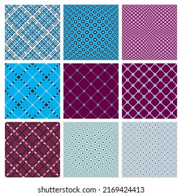 Geometric seamless patterns set, abstract minimalistic and simple lined and dotted backgrounds, wallpapers for web design and print. Colorful swatches.