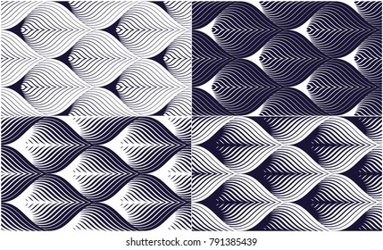 Geometric seamless patterns set, abstract tiling backgrounds collection, vector repeat endless wallpaper illustrations. Floral leaves or fish squama shapes trendy motif. 