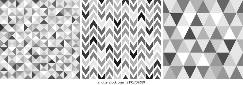 Geometric seamless patterns set. Black and white monochrome pattern. Greyscale. Vector clipart.