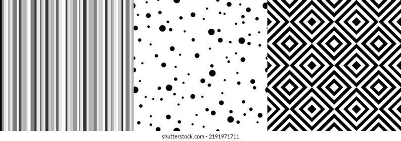 Geometric seamless patterns set. Black and white monochrome pattern with dots, rhomb, stripes. Greyscale. Vector clipart.