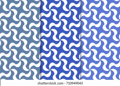 Geometric seamless patterns. Set of blue backgrounds for wallpapers and fabrics. Vector illustration