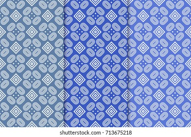 Geometric seamless patterns. Set of blue backgrounds for wallpapers and fabrics. Vector illustration