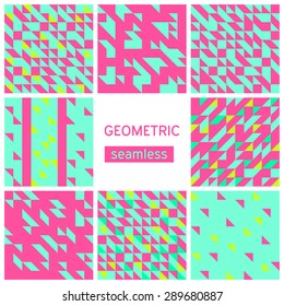 Geometric seamless patterns set. Bright colors. Triangle design.