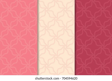 Geometric seamless patterns. Set of cherry red backgrounds for wallpapers and fabrics. Vector illustration