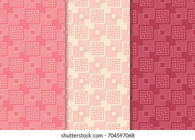 Geometric seamless patterns. Set of cherry red backgrounds for wallpapers and fabrics. Vector illustration