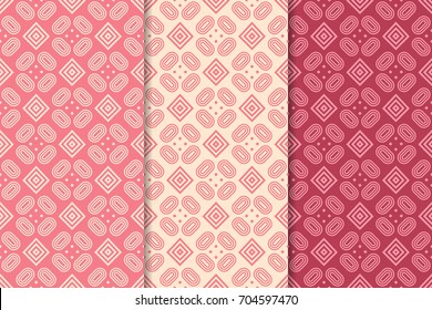 Geometric seamless patterns. Set of cherry red backgrounds for wallpapers and fabrics. Vector illustration