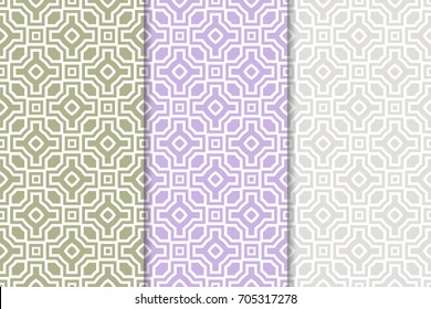 Geometric seamless patterns. Set of colored backgrounds for wallpapers and fabrics. Vector illustration