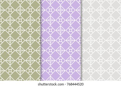 Geometric seamless patterns. Set of colored backgrounds for wallpapers and fabrics. Vector illustration