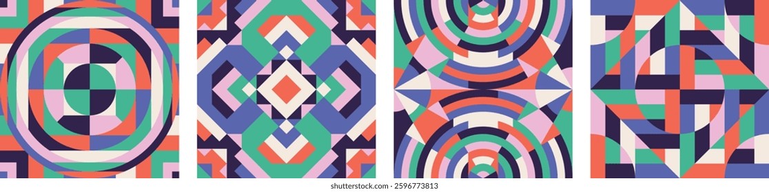 Geometric seamless patterns set with colorful design Modern abstract background. Red, blue and green colors. Vector illustration, set of 4 Trendy retro