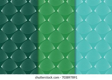 Geometric seamless patterns. Set of green backgrounds for wallpapers and fabrics. Vector illustration
