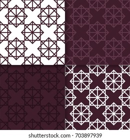 Geometric seamless patterns. Set of maroon backgrounds for wallpapers and fabrics. Vector illustration