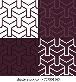 Geometric seamless patterns. Set of maroon backgrounds for wallpapers and fabrics. Vector illustration
