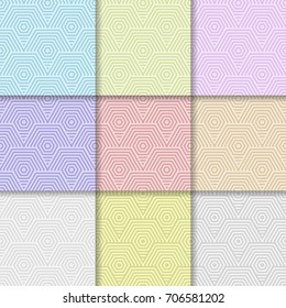 Geometric seamless patterns. Set of multi-colored backgrounds for wallpapers and fabrics. Vector illustration