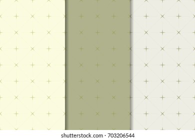 Geometric seamless patterns. Set of olive green backgrounds for wallpapers and fabrics